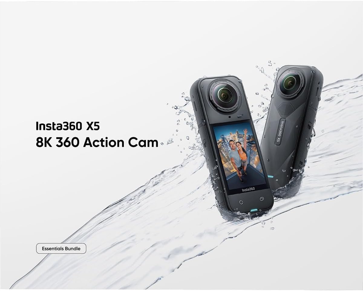 Insta360 X5 Essentials Bundle-8K Waterproof 360 Action Camera|Bundle Includes Selfie Stick  Extra Battery  Utility Fast Charge Case  Standard Lens Guards  Lens Cap  Carry Case