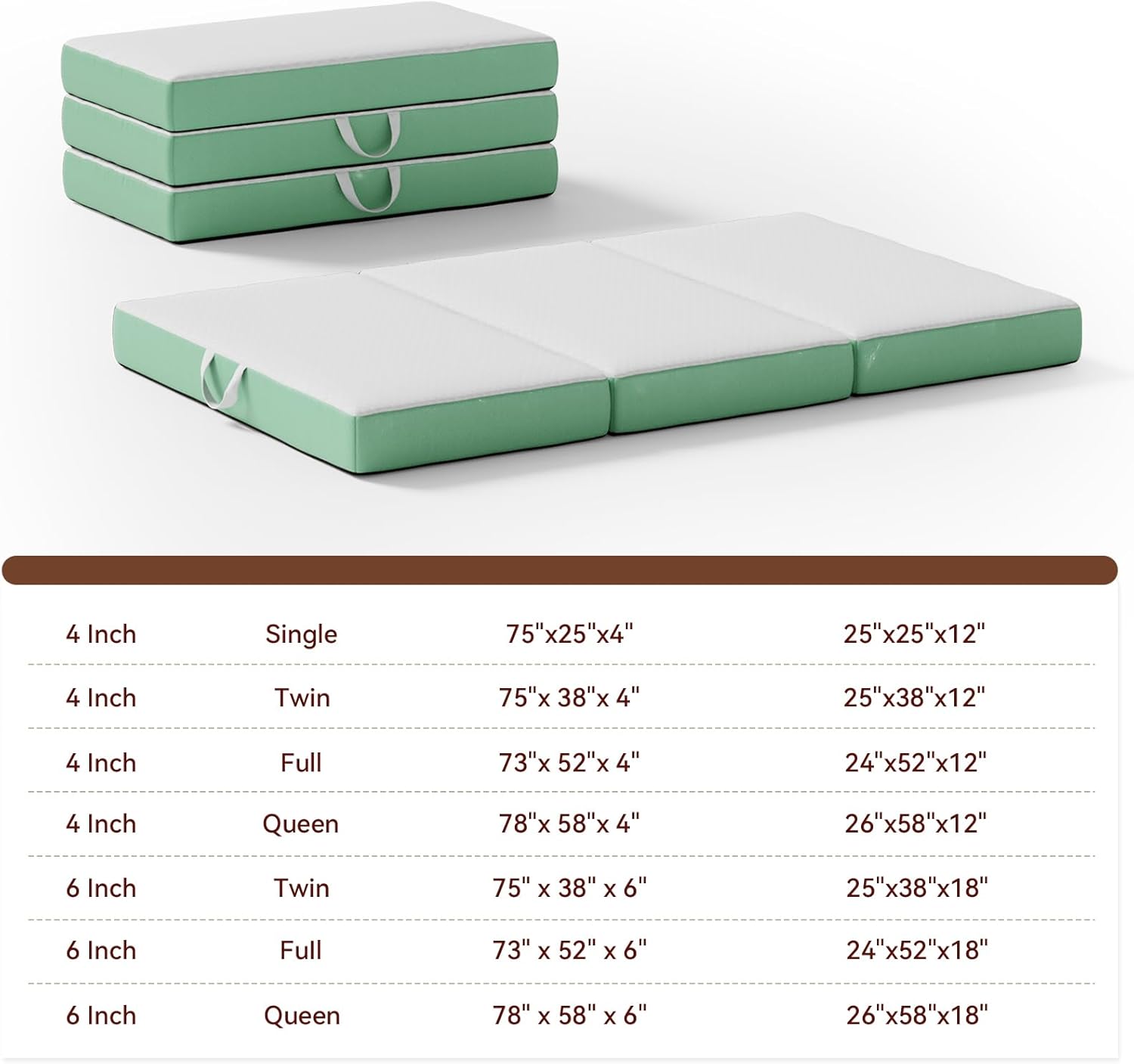 Memory Foam Trifold Mattress, Full Portable Floor Bed 6 Inch, Foldable Mat with Washable Cover, Handle & Non-Slip Bottom, for RV, Travel, Camping, Yoga, 73"x52"x6", White Green