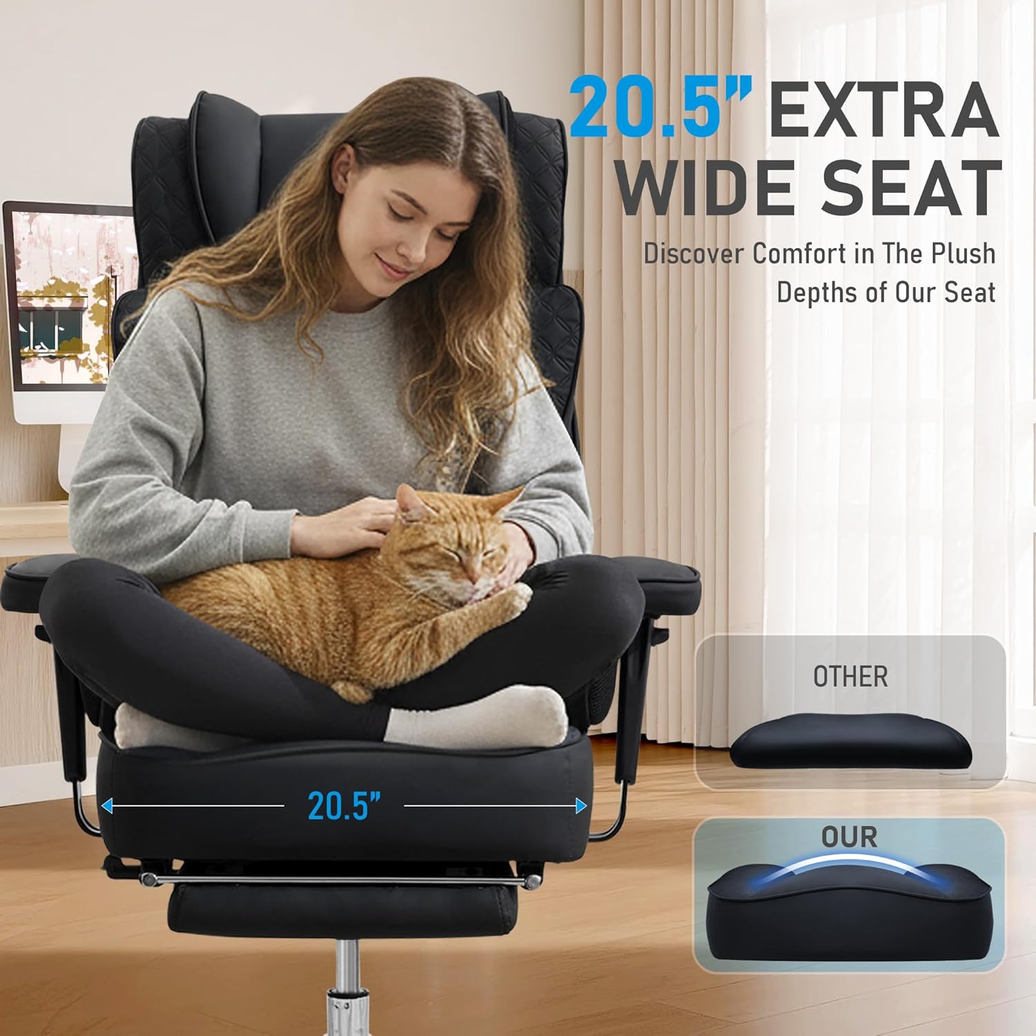 Big and Tall Office Chair, Ergonomic Leather Reclining Chair with Footrest, High-Back Comfy Executive Computer Desk Chairs with Lumbar Support, Wide Seat, 400LBS (Black)