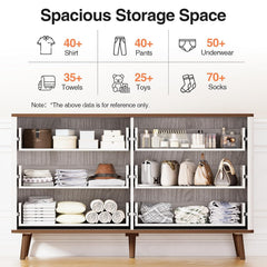 Fluted 6 Drawers Dresser, 47" Wide Wooden Chest of Drawers, Modern Mid Century Storage Closet Long Large TV Stand for Bedroom, Living Room,Hallway, Entryway, Nursery Room, Beige + Walnut