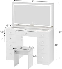 VOWNER Vanity with Lighted Mirror - Glass Top Makeup Desk with Power Outlet and 9 Drawers, 3 Color Lighting Modes Adjustable Brightness, 43" Vanity Desk with Soft Cushioned Stool for Bedroom, White