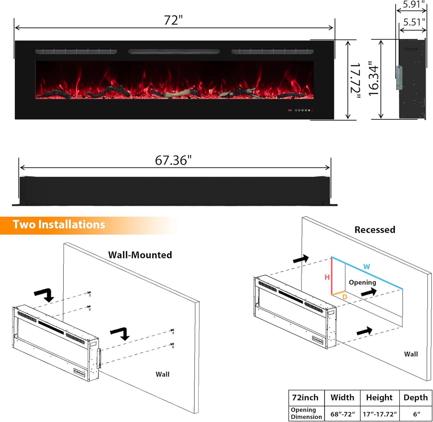 72inch Electric Fireplace in Wall Recessed and Wall Mounted Fireplace Electric, 13 Flame Colors, Realistic Logs & Crystals Fuel Bed, Adjustable Temperature and Timer, 750W/1500W, Black