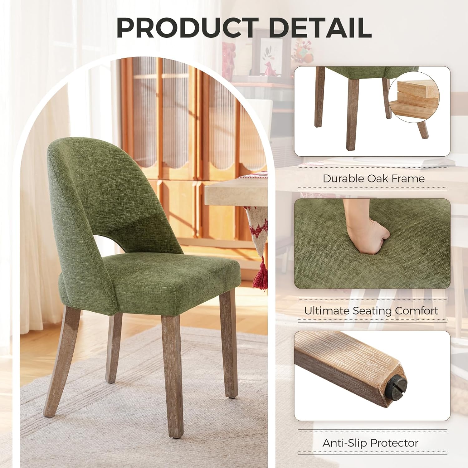 Wooden Dining Chairs Set of 6, Upholstered Modern Chenille Dining Room Chair Kitchen Chairs, Comfy Farmhouse Dinner Chair for Kitchen Dining Room, Green