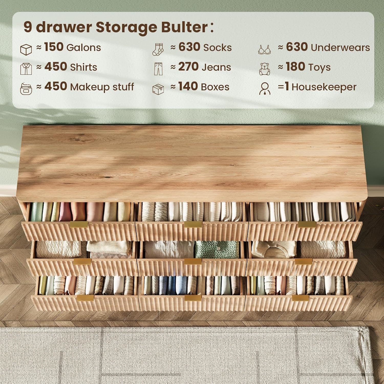 63'' Wide 9 Drawers Dresser for Bedroom,Modern Fluted Vertical Chest with Rounded Corners,Fluted Dresser for Living Room,Hallway, Natural Wood