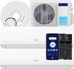DELLA 18K BTU 2 Zone 7000 9000 BTU Mini Split AC & Heat Pump, Energy Star 22 SEER2 Inverter 230V Ductless AC System for Rooms up to 700 Sq.Ft, WiFi & Voice Control, Pre-Charged,16.4ft Install Kit