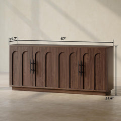 Evermagin 67" Arched Walnut Buffet Cabinet with Storage, Large Credenza with 4 Doors, Wood Mid Century Modern Sideboard for Kitchen and Living Room (67"*31.5"*15.7")