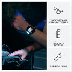 Garmin® Forerunner® 970  Premium GPS Running and Triathlon Smartwatch  AMOLED Display  Built-in LED Flashlight  Carbon Gray DLC Titanium with Black Case and Translucent Whitestone Band