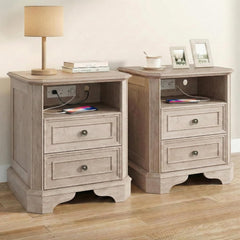 24" Greige Oak Nightstand with Charging Station, Set of 2 Rustic Farmhouse Bedside Table with 2 Drawers and Open Shelf, Distressed Wood End Table with Outlets and USB Ports