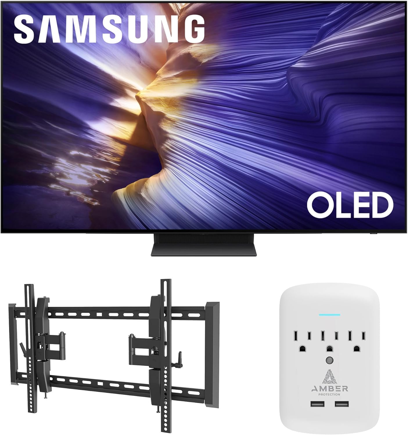 Samsung QN65S90FAFXZA 65 Inch 4K OLED Smart TV with a Walts TILT-EXTENSION-37-90 Tilt Mount for 37"-90" TVs and Amber Protection 3-Outlet-Surge Surge Protector (2025)