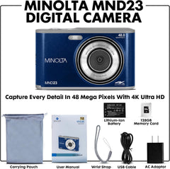 Minolta 48MP Digital Camera with Rear Selfie Lens – 4K Ultra HD Video  2.8" LCD Screen  16X Digital Zoom  Autofocus  Slow Motion  Time Lapse  Filters  Scene Modes  32GB Card Included (Blue)