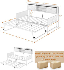 Homieasy Twin Daybed with Pop Up Trundle, Farmhouse Twin Bed with Bookcase Headboard and Charging Station, Metal Sofa Bed Frame with Barn Door Storage for Living Room, Bedroom, Guest Room, White
