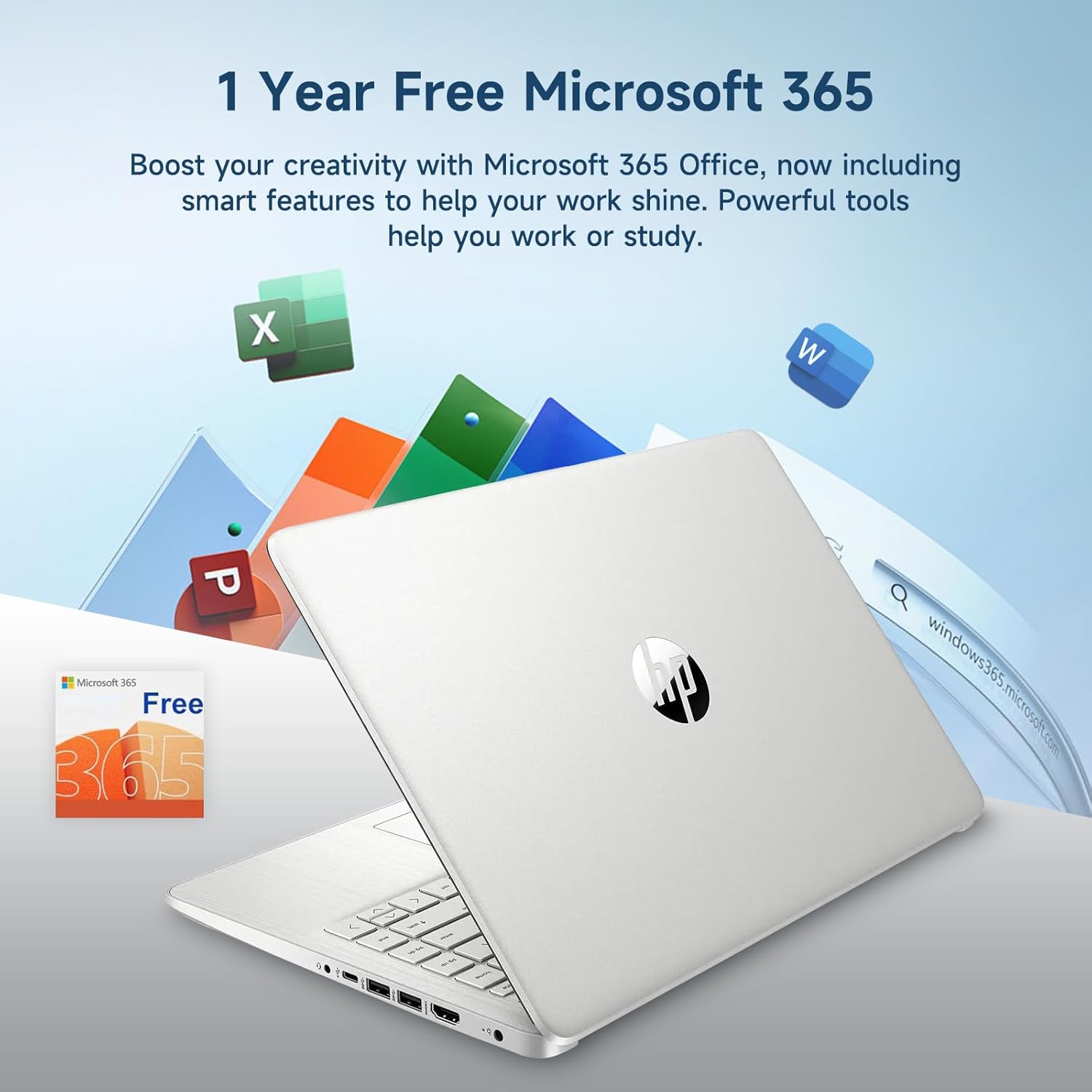 HP 14 Student-Laptop Back to School  Quad-Core Processor (Up to 3.6GHz) 8GB RAM 192GB Storage(128GB UFS + 64GB SD Card) Laptops for Student with 1-Year Office 365 Copilot AI Win11  Natural Silver