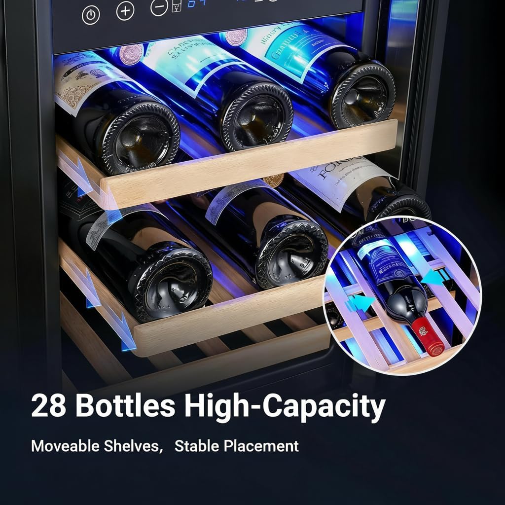 AAOBOSI 15 inch Dual Zone Wine Fridge, 28 Bottles Built-in or Freestanding Fridge,41-64°F Wine Cooler with Professional Compressor，Low Noise and No Fog