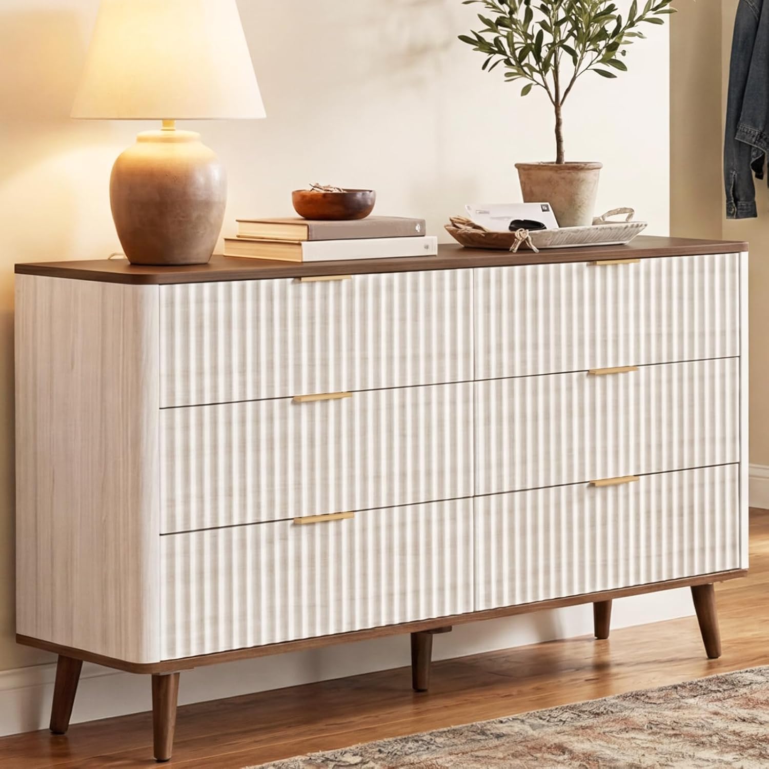 Fluted 6 Drawers Dresser, 47" Wide Wooden Chest of Drawers, Modern Mid Century Storage Closet Long Large TV Stand for Bedroom, Living Room,Hallway, Entryway, Nursery Room, Beige + Walnut
