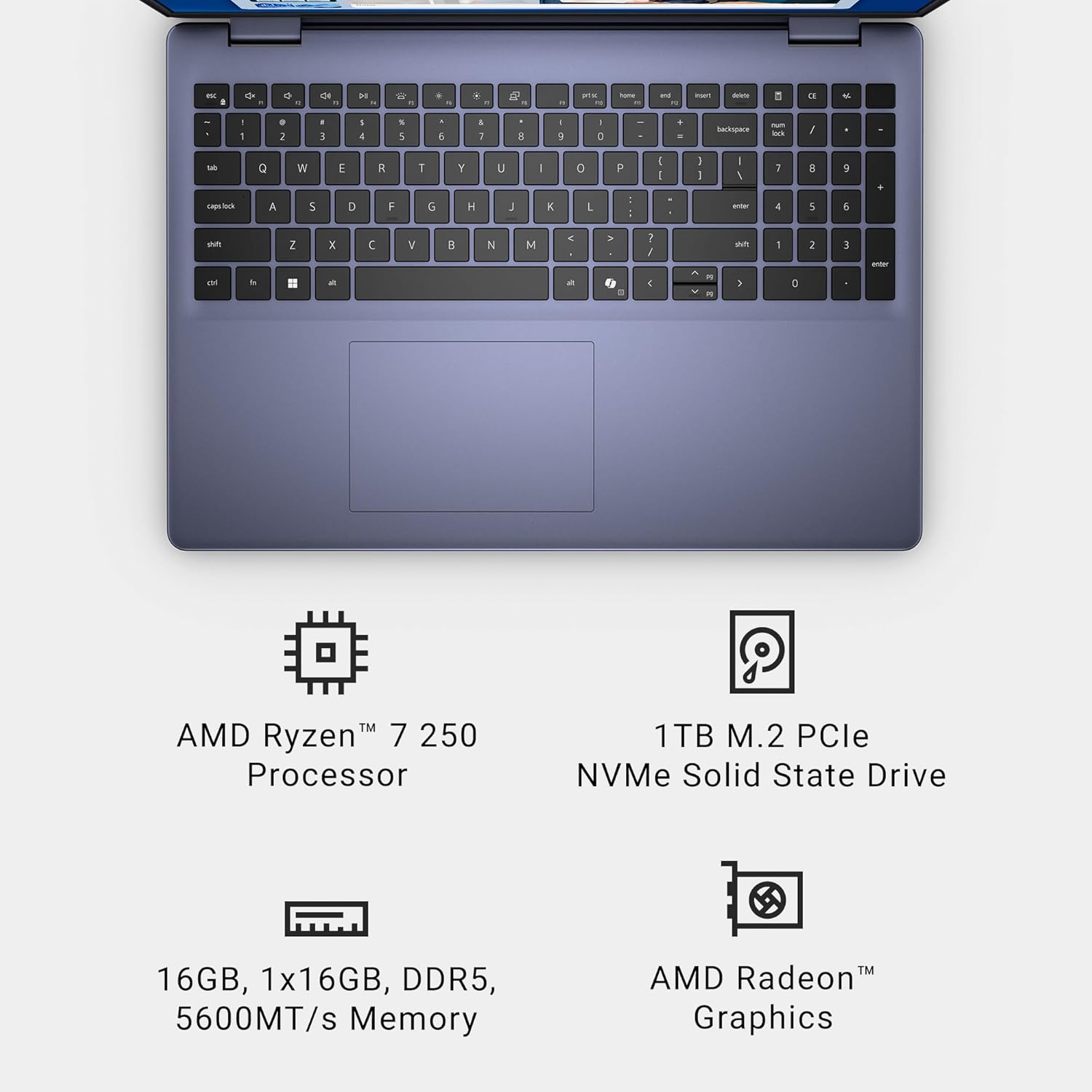 Dell 16 Laptop DC16256-16.0-inch 16:10 FHD+ Anti-Glare Non-Touch Display  AMD Ryzen 7 250  AMD Radeon Graphics  16GB Memory  1TB SSD  Backlit Keyboard with Fingerprint Reader  Windows 11 Home