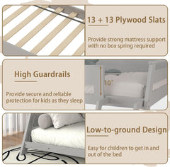 KOMFOTT Twin Over Full Convertible Bunk Bed with Reversible Ladder, Solid Wood Frame, Slats Support & Guardrails, No Box Spring Needed (Grey)