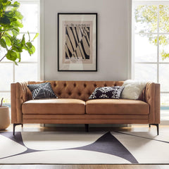 HULALA HOME 84" W Faux Leather Sofa Couch with Metal Legs, Button-Tufted 3-Seater Sofa, Mid Century Modern Upholstered Couch for Living Room, Entertainment Area, Apartment,Camel