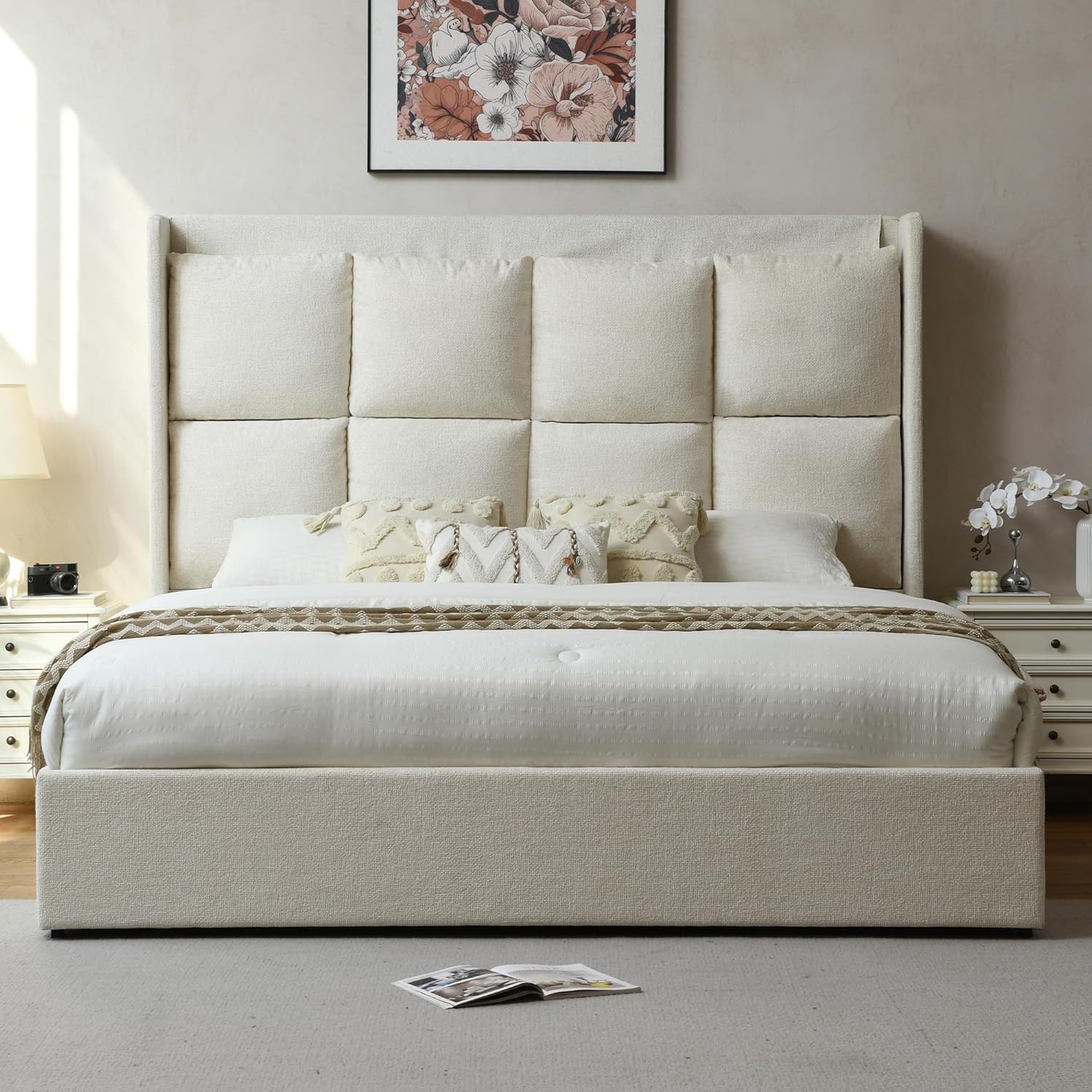 PINJU King Size Bed Frame with Storage Drawers with Linen Upholstery, Extra High Headboard, Wooden Slat Support, No Noise, Easy to Assemble (Cream, King (U.S. Standard))