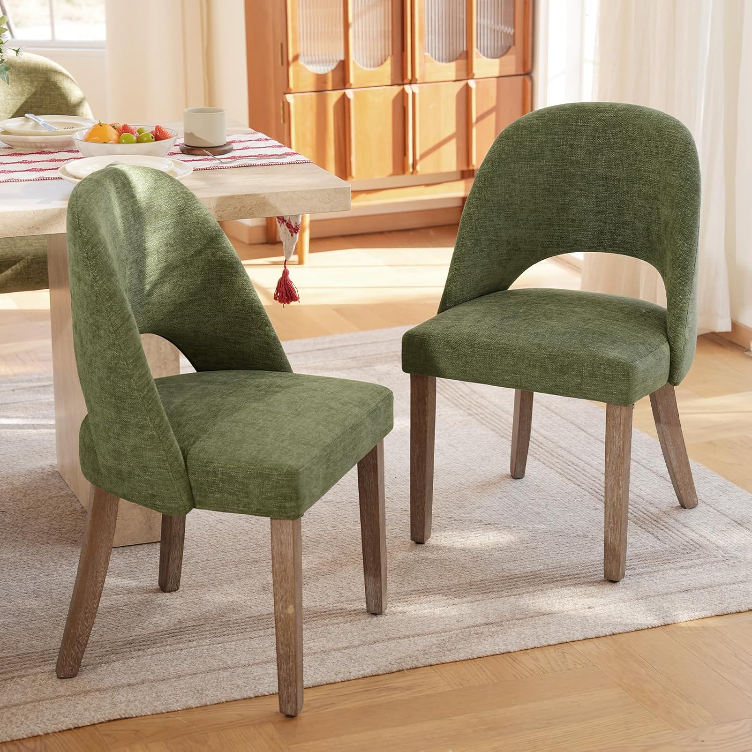 Wooden Dining Chairs Set of 6, Upholstered Modern Chenille Dining Room Chair Kitchen Chairs, Comfy Farmhouse Dinner Chair for Kitchen Dining Room, Green
