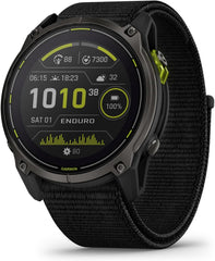 Garmin Enduro™ 3 – 51 mm  Solar  Sapphire  Ultraperformance GPS Smartwatch  Extreme Battery Life  Detailed Mapping  Built-in LED Flashlight  Carbon Gray DLC Titanium with Black UltraFit Nylon Strap