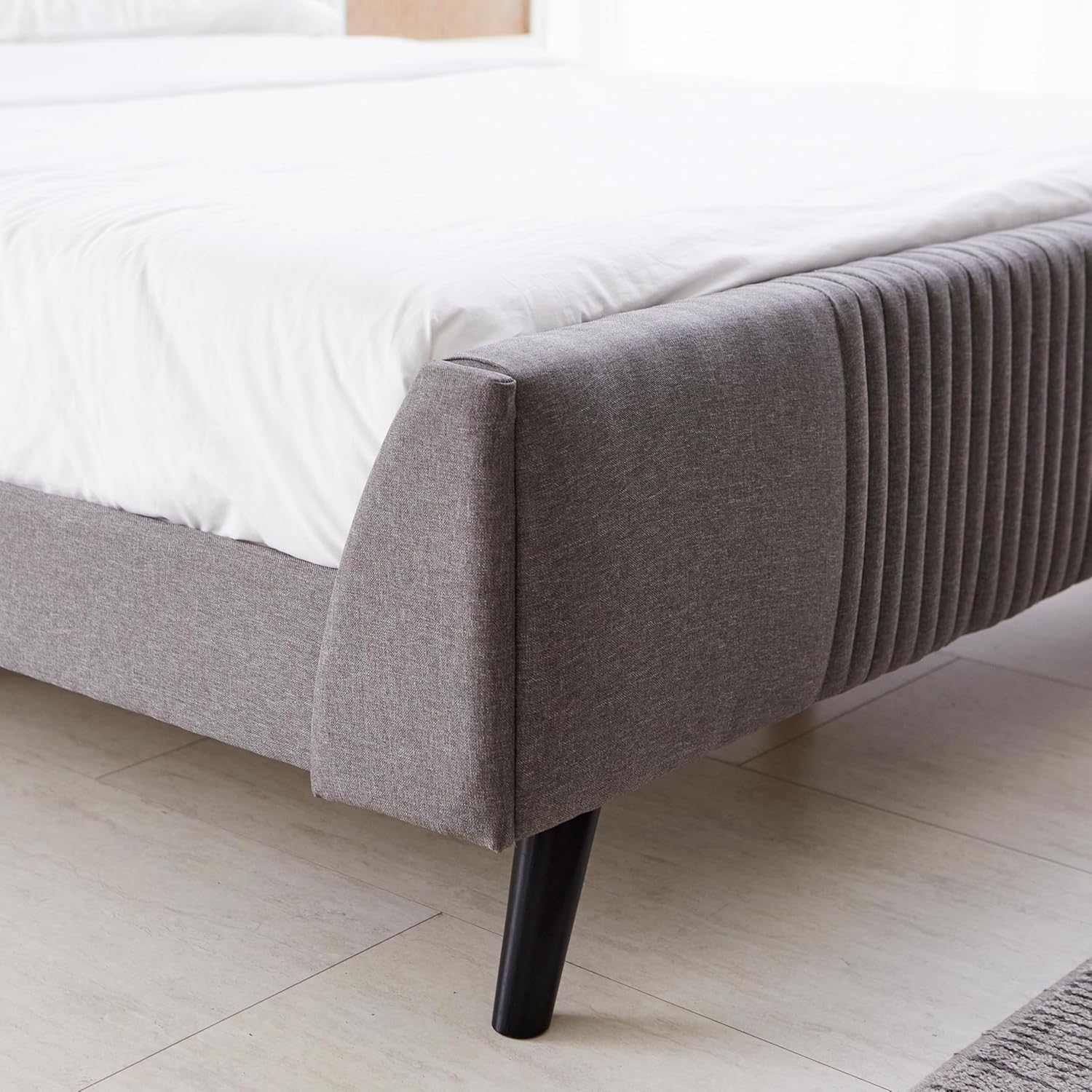 Livinia Sunset King Size Wingback Platform Bed, Fabric Upholstered King Bed Frame with Vertical Channel Tufted Headboard Footboard, Strong Wood Slats, No Box Spring Needed, Gray
