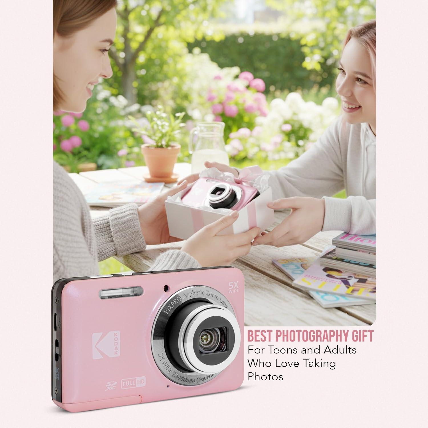 Kodak PixPro Friendly Zoom FZ55 16MP 1080p Full HD Digital Camera (Pastel Pink) Bundle with 128GB SD Card  Battery (2-Pack) and Travel Organizer (4 Items)