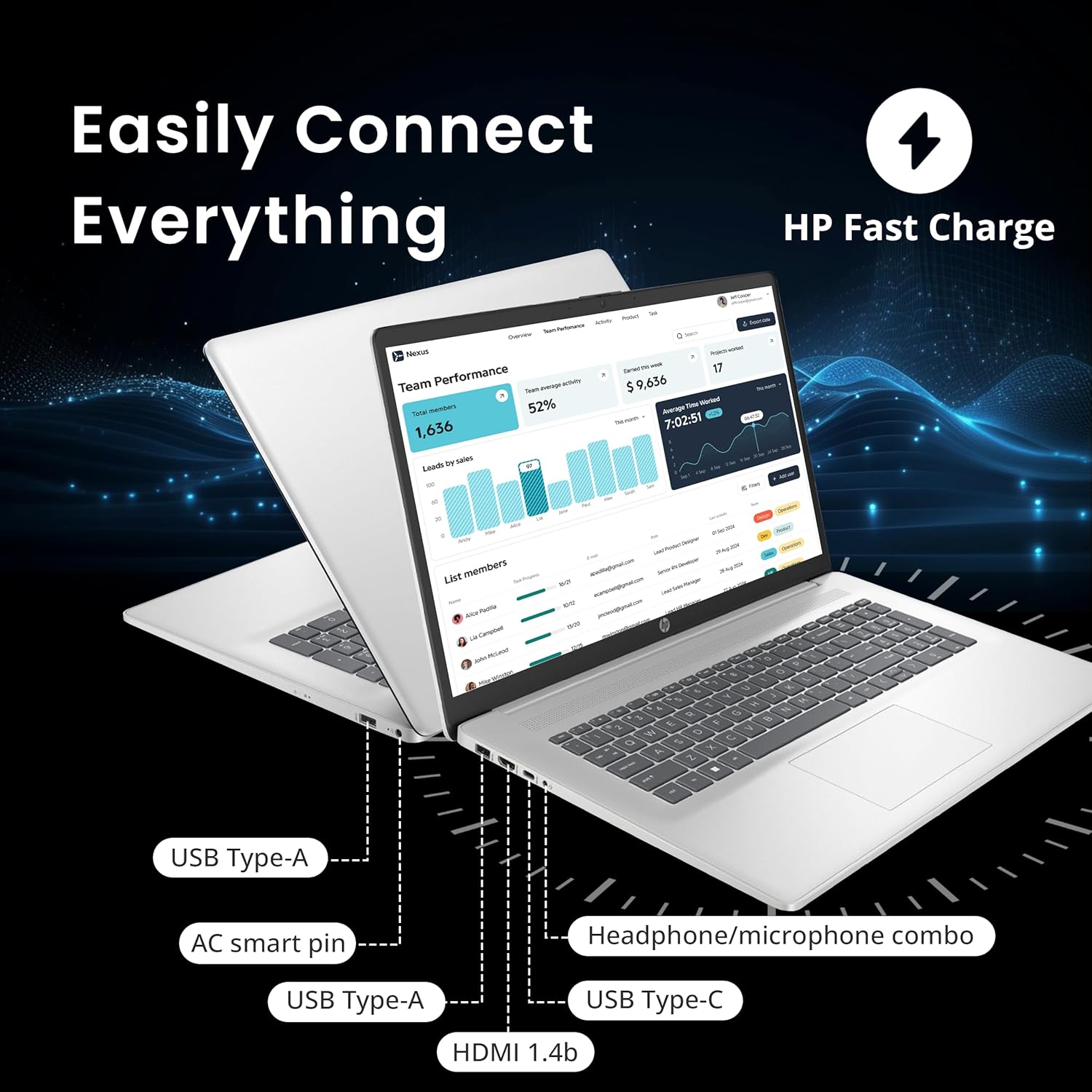 HP 17.3" FHD IPS Anti-Glare Laptop  Intel 7-150U  16GB RAM  2TB Storage (1TB SSD & 1TB Docking Station Set)  Intel Graphics  Num Pad  Wi-Fi 6  1080p Webcam  Fast Charge  Windows 11 Home  Silver