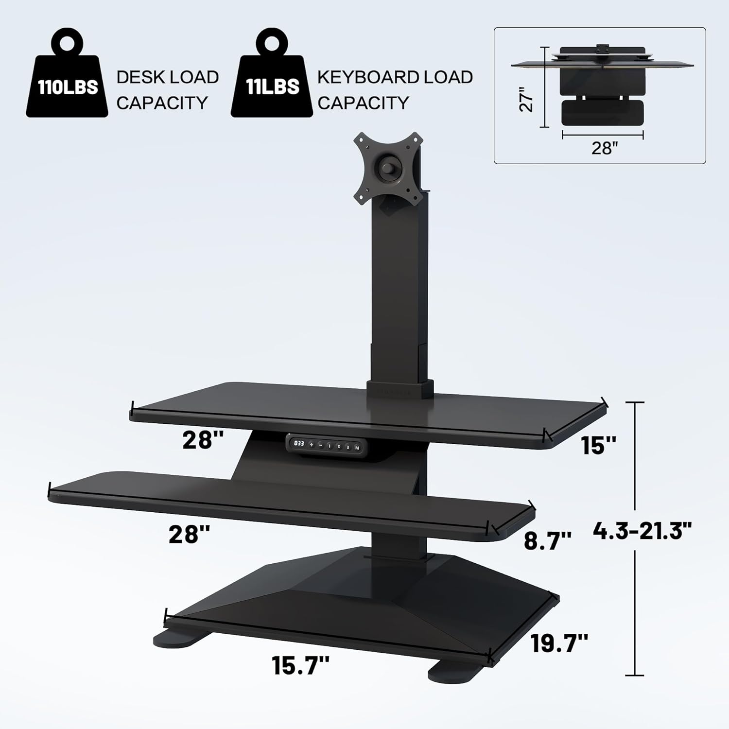 Electric Standing Desk Converter 28" Wide, Height Adjustable Desk Riser, Computer Workstation, Sit-Stand Convertor for Home, Office, School (Black, 1 Arm Included)