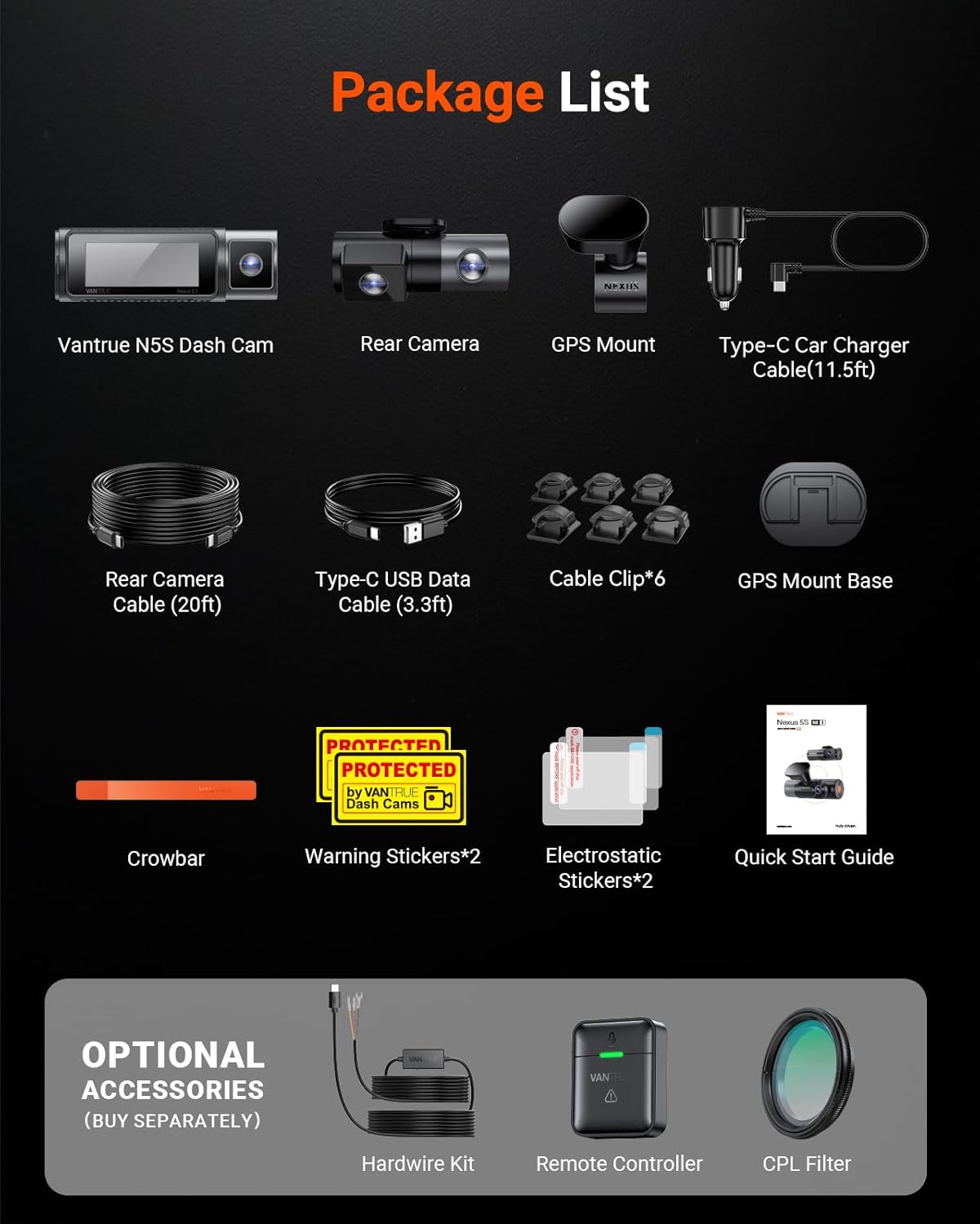 Vantrue N5S 4 Channel 360 Degree 2.7K Dash Cam  4CH STARVIS 2 Night Vision  2.7K+1080P*2+1440P Front Rear Inside Dashcam  24/7 Buffered Parking Mode  WiFi  Voice Control  Dual GPS  Support 1TB Max