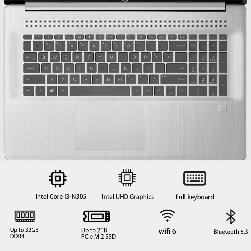 HP 17.3’’ Touchscreen Laptop Computer-Windows 11 Pro for Business & Home Use  8-Cores Intel i3-N305  32GB RAM  128GB eMMC+1TB PCIe M.2 SSD  720 HD Webcam  HDMI  Num Pad  Wi-Fi 6  1 Year Office 365