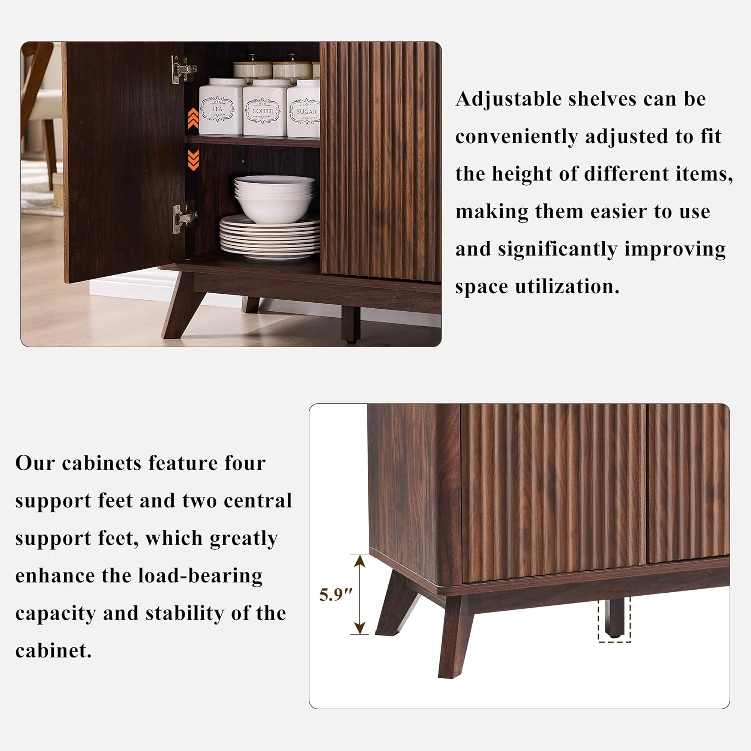 OKD Fluted Storage Cabinet with Drawers, 60" Morden Buffet Sideboard Coffee Bar Cabinet with 4 Doors and 3 Drawers for Dining Room, Living Room,Hallway (Dark Walnut)