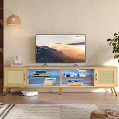 Bestier 80 Inch Natural Rattan TV Stand with Storage for 85 Inch TV, 4-in-1 Mid Century Modern Entertainment Center with LED Lights, Doors and Adjustable Glass Shelves for Living Room, Natural