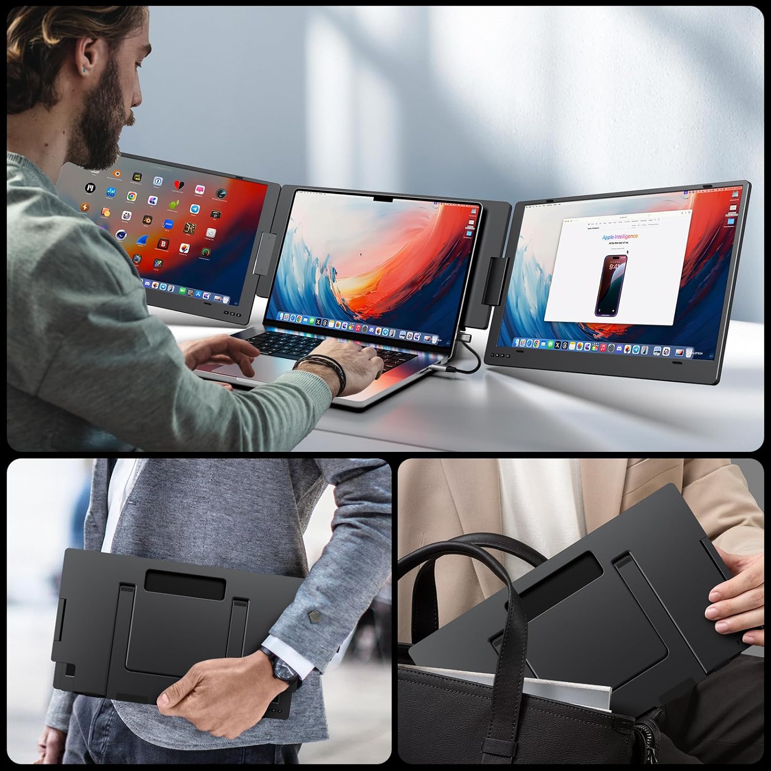 KYY 15.6" Laptop Screen Extender  1080P FHD IPS Portable Monitor  One Cable USB-C Triple Monitor  Dual Travel Screen for 12"-17'' Laptops  360° Rotation & Kickstand，X90D (Driver Need)