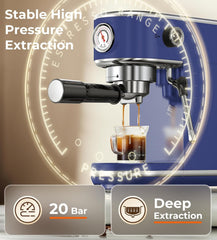 20 Bar Espresso Machine with Milk Frother, Compact Espresso Maker, Stainless Steel Coffee Machine with Precise Temp Control & 44oz Removable Water Tank for Latte, Cappuccino, Dark Blue