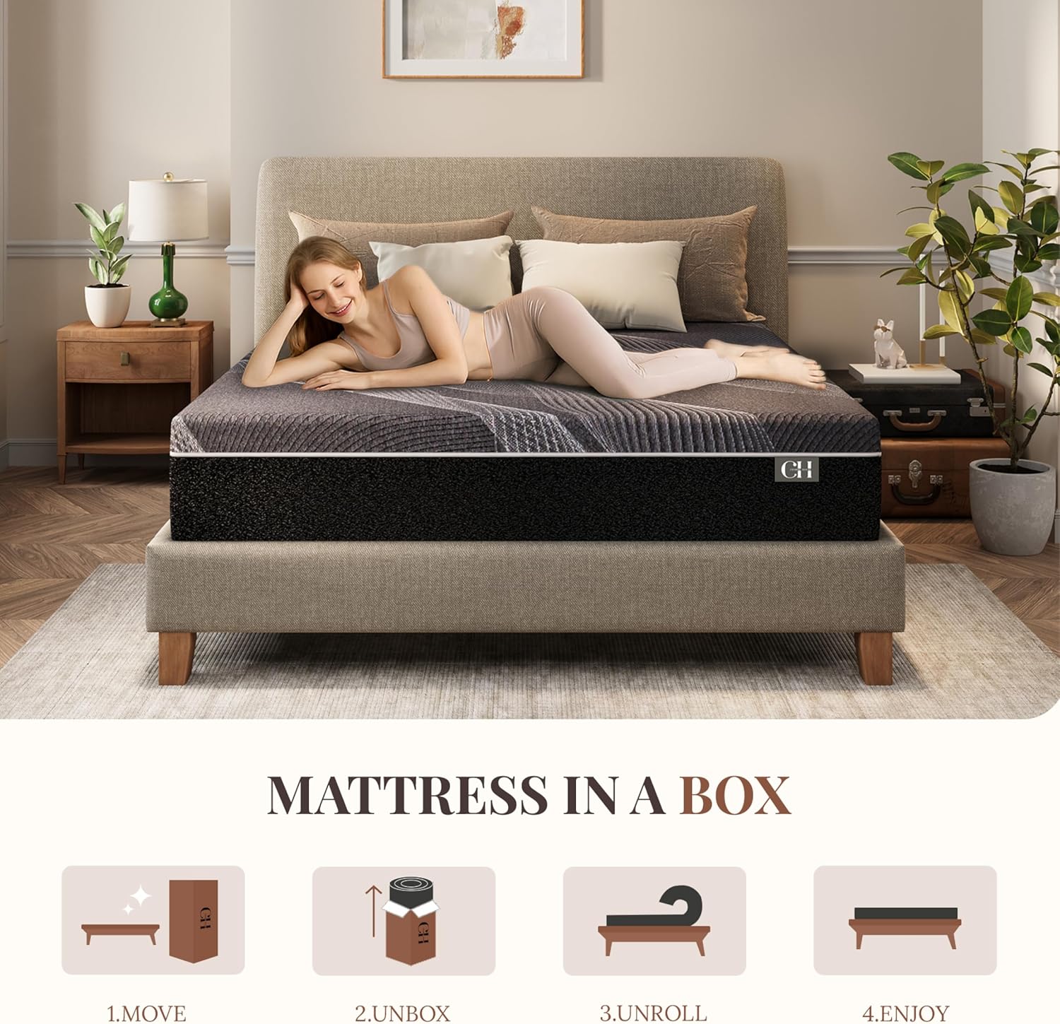 CH Charme House 12 Inch Queen Mattress, Bamboo-Charcoal Memory Foam Mattress, Cooling & Pressure Relief, Bed in a Box, Foam Made in USA & CertiPUR-US Certified, 60'x80'x12', Black