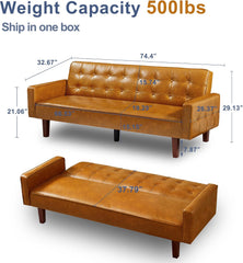 74" Futon Sofa Bed, Mid Century Modern Futon Couch, Small Sofa Cama, Loveseat, Small Couches for Living Room, Office(Faux Leather, Brown)