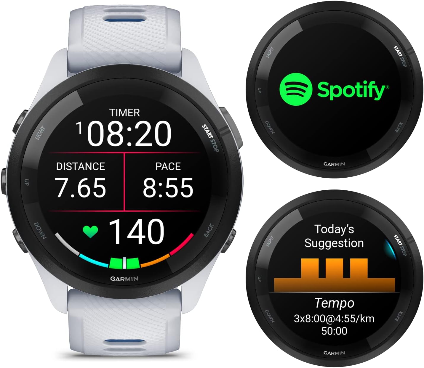 Wearable4U Garmin Forerunner 265 Music GPS Running 46 mm Smartwatch  Whitestone with AMOLED Touchscreen Display White Earbuds Bundle