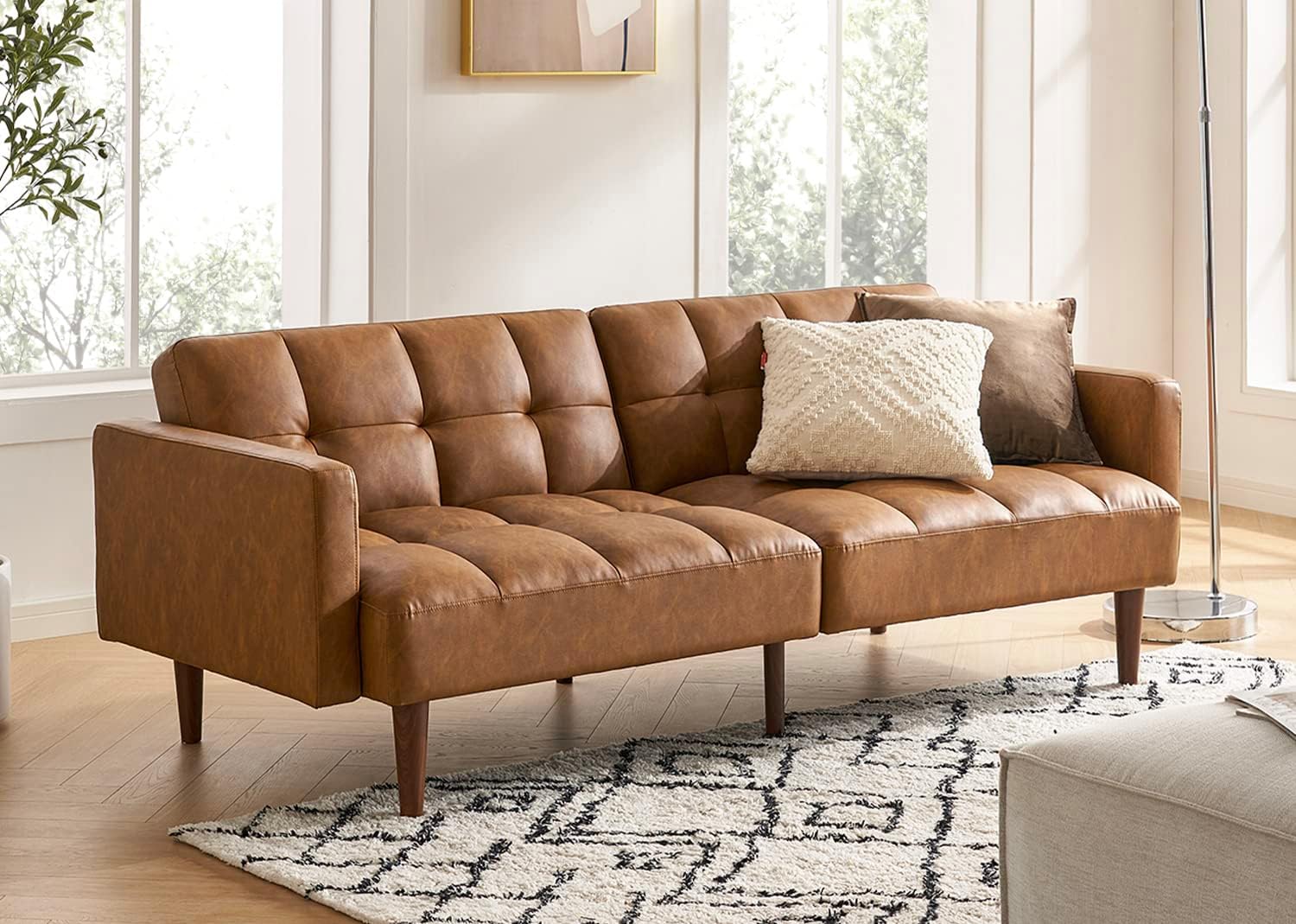 mopio 76.4" Futon Sofa Bed, Couch, Loveseat, Sleeper Sofa, Mid Century Modern Futon Couch, Sofa Cama, Couches for Living Room (Aaron PU, Pecan Brown)
