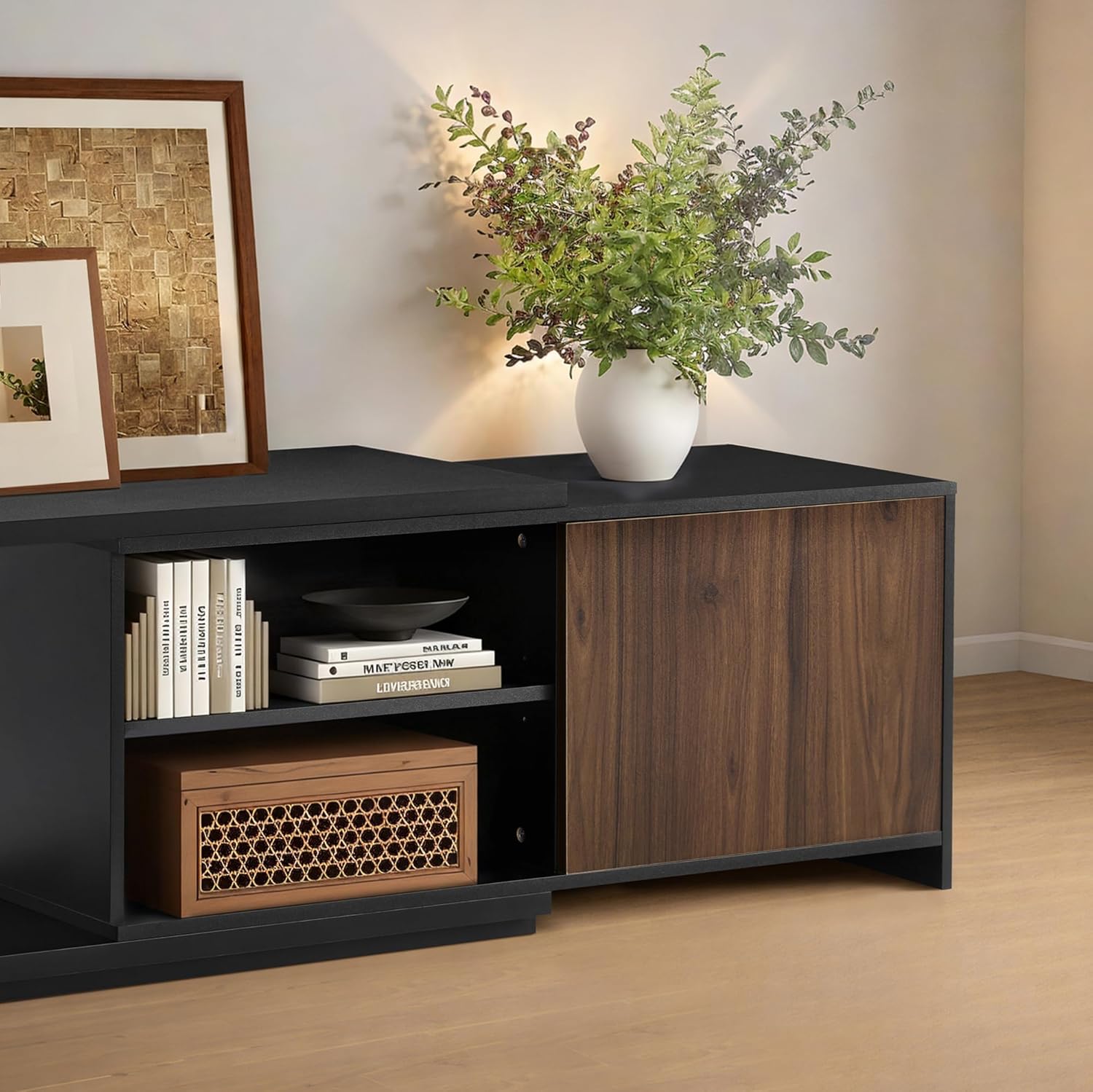 Extendable TV Stand for TVs up to 90",Modern Entertainment Center with Adjustable Shelf,Television Stand with 2 Storage Cabinets,Wooden TV Media Console for Living Room Bedroom Black