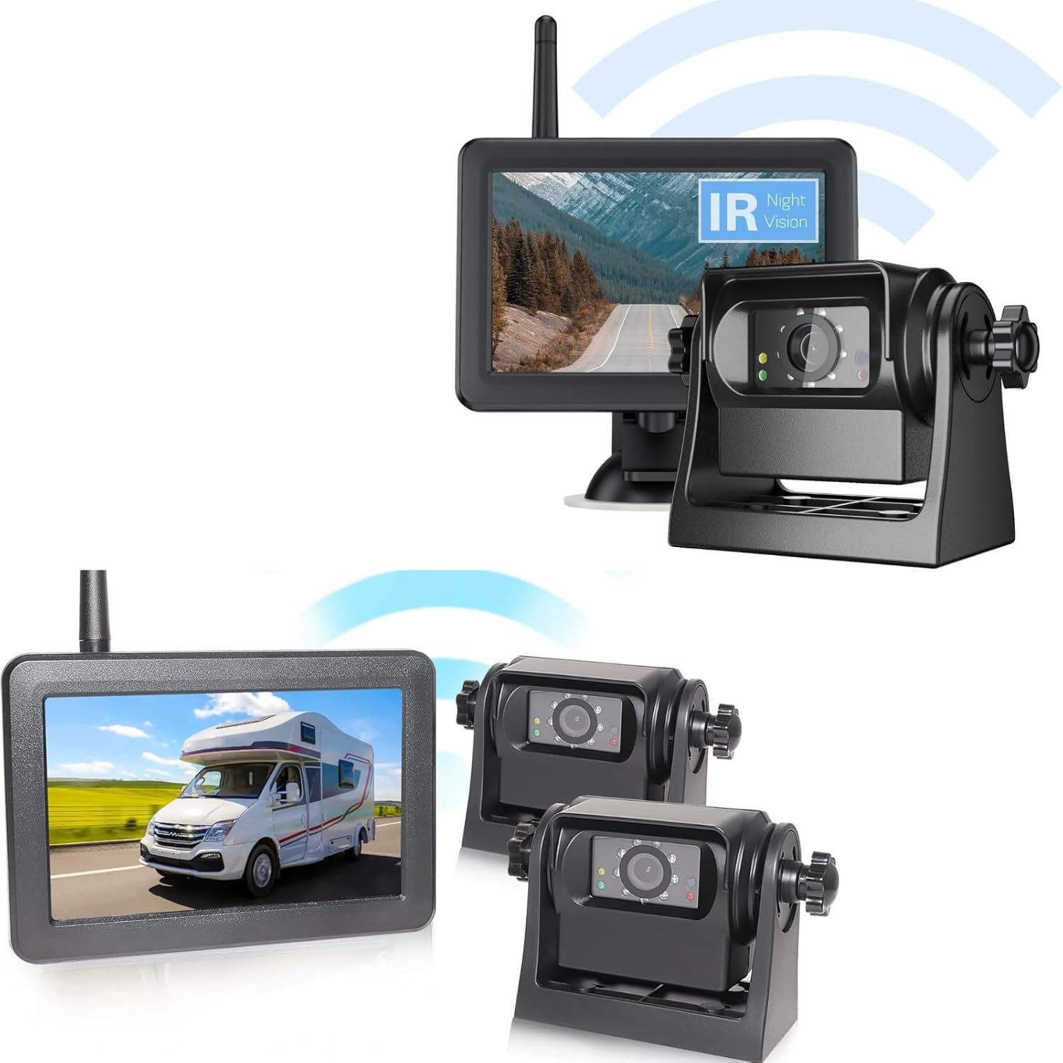 3x Wireless WiFi Magnetic Backup Cameras 1080P HD 5" Dual Monitor Battery Powered No Wiring Rear View Reverse Monitoring Camera Portable Kit for Car Truck Pickup RV Camper 5th Wheel Boat Horse Trailer
