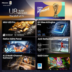 Hisense 65" Class U8 Mini-LED ULED 4K UHD Google Smart TV (65U8QG  2025 Model) - QLED  Native 165Hz  VRR 288  Up to LD5600  5000 Nits  HDR10+  Dolby Vision IQ · Atmos  IMAX Enhanced  4.1.2 Ch Audio