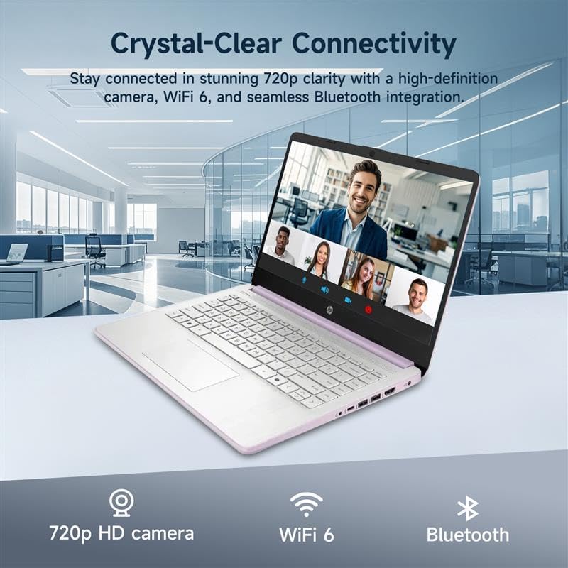 HP 14 Student-Laptop Back to School  Quad-Core Processor (Up to 3.6GHz) 8GB RAM 192GB Storage(128GB UFS + 64GB SD Card) Laptops for Student with 1-Year Office 365 Copilot AI Win11  Honey Lavender