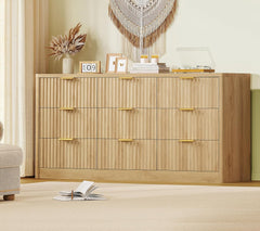 TEENFON Fluted Dresser for Bedroom with 9 Drawers, 63" Wide Modern Chest of Drawers with Metal Handle & Curved Profile Design, Wood Closet Clothes Storage Organizer for Living Room, Hallway, Natural