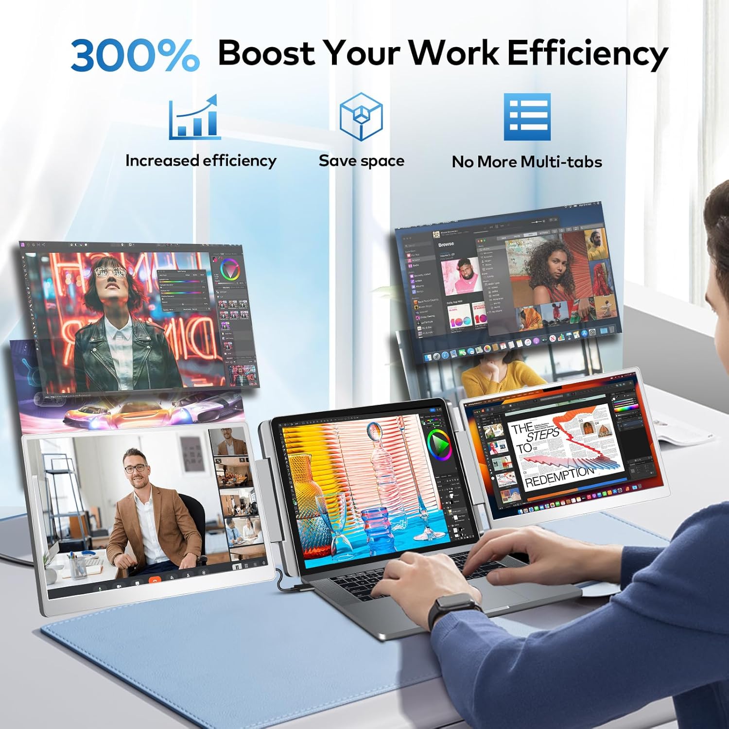 Laptop Screen Extender  15.6" FHD Laptop Monitor Extender  Triple Portable Monitor for 12"-18.5" Laptops  Plug & Play  360° Rotation Screen  Compatible with MacOS/Wins/Switch/Surface