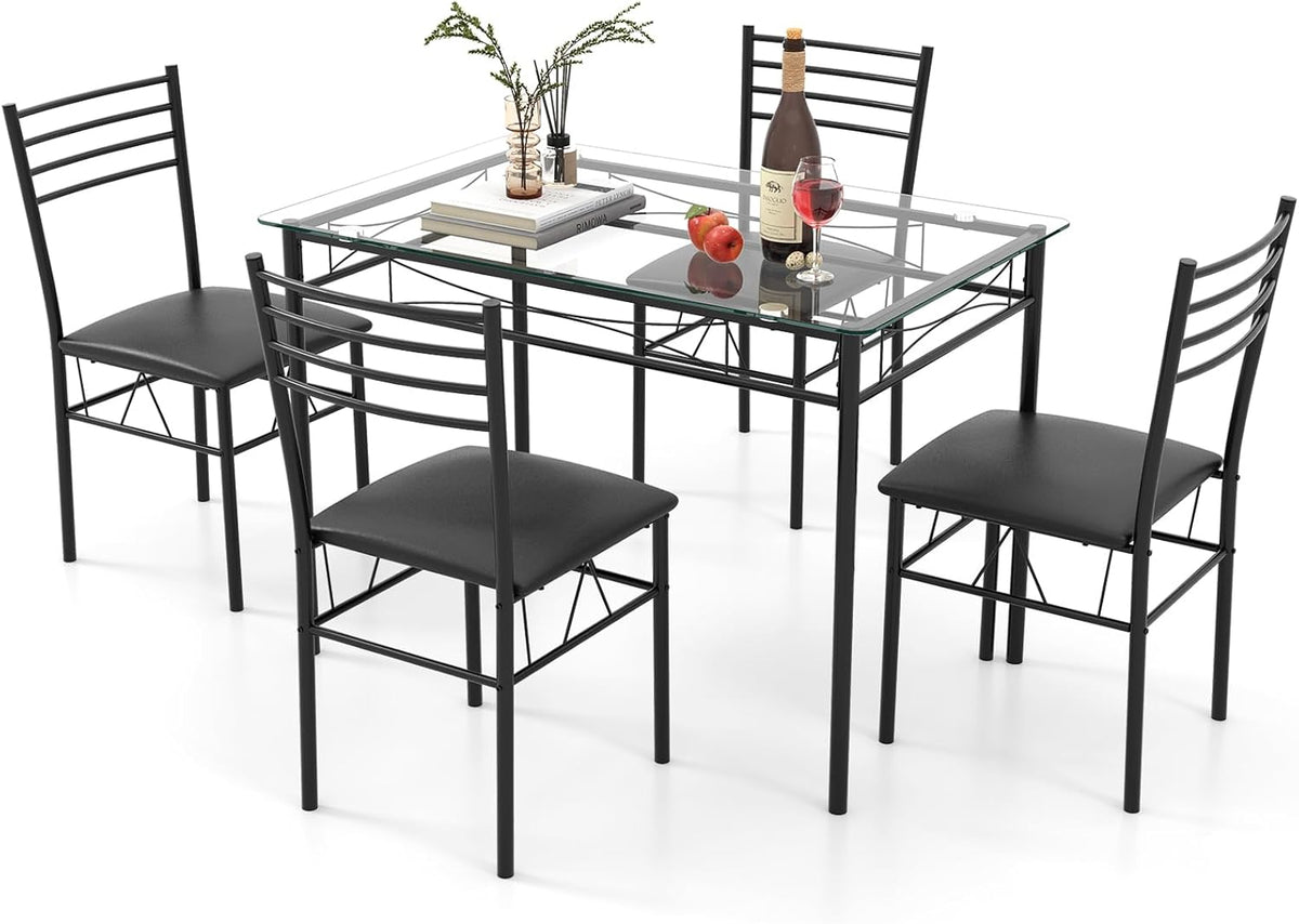 Giantex 5 Piece Dining Table Set, Kitchen Dining Set with Tempered Glass Table Top and 4 Upholstered Chairs, Dinette Set for 4 for Breakfast Nook Dining Room Kitchen (Black)
