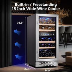 Phiestina 29 Bottles Wine Fridge, 15 Inch Dual Zone Wine Cooler Refrigerator Under Counter Cooling with Digital Memory, Auto Defrost Built-in/Freestanding