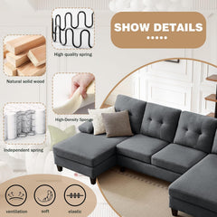 111" Sectional Couch for Living Room, Modern Polyester Fibre U Shaped Sofa Couches with Double Chaise, Upholstered 4 Seater Sofa for Living Room, Apartment, Office, Dark Grey
