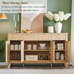 T4TREAM Large Buffet Sideboard Cabinet with Storages, 60" Fluted Modern Buffet Table Coffee Bar Wine Bar Storage Cabinet with 3 Drawers & 4 Doors for Dining Room, Living Room, Hallway(Natural Oak) | with Storages, Coffee Bar, Wine Bar, Storage Cabine