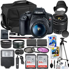Canon EOS Rebel T7 DSLR Camera with 18-55mm Lens Bundle with Extra Canon Battery + 2X 64GB Memory Cards + Accessory Kit Including Bag  Flash  Remote  Aux Lenses  Software & More