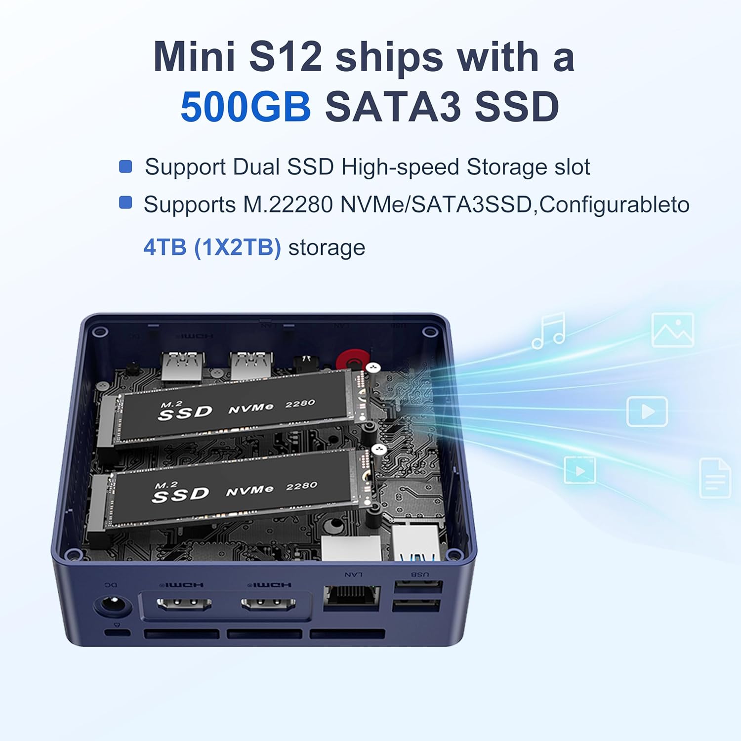 Beelink Mini PC Mini S12 N95 Intel Alder Lake-N95 (up to 3.4GHz) 12GB LPDDR5 500GB SATA3 SSD Mini Desktop Computer  Support 4K@60Hz Dual HDMI Display  2.5G LAN/USB3.2/Low-Power Home/Office Micro PC